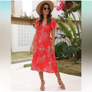 Roylamp Red Floral‎ Button Front Midi Dress Womens Small Casual Resortwear Beach